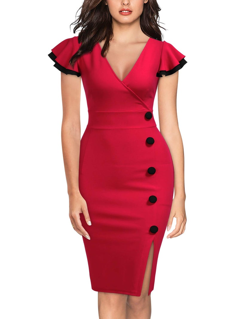Miusol Women's Navy Style Deep-V Neck Vintage Evening Pencil Dress(Large,Red) - Image 1